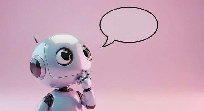 A small silver robot looking up at a white empty speech bubble against a pink background.