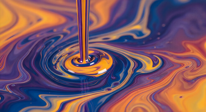A vibrant abstract background featuring swirling liquid paint in shades of deep purple and bright orange creating artistic patterns