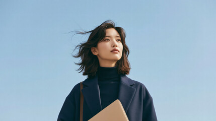 Obraz premium A young woman wearing a dark coat stands outside against a clear blue sky while holding a laptop and looking towards the horizon with a calm expression