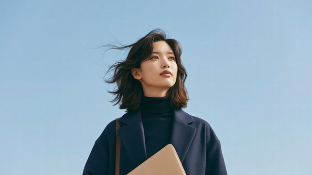 A young woman wearing a dark coat stands outside against a clear blue sky while holding a laptop and looking towards the horizon with a calm expression