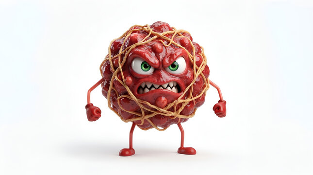 Angry Meatball Character A red spherical meatball character with an angry expression tangled in spaghetti stands on tiny legs embodying frustration