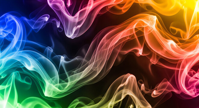Abstract background featuring vibrant swirls of colorful smoke flowing across a dark backdrop creating a dynamic artistic visual effect