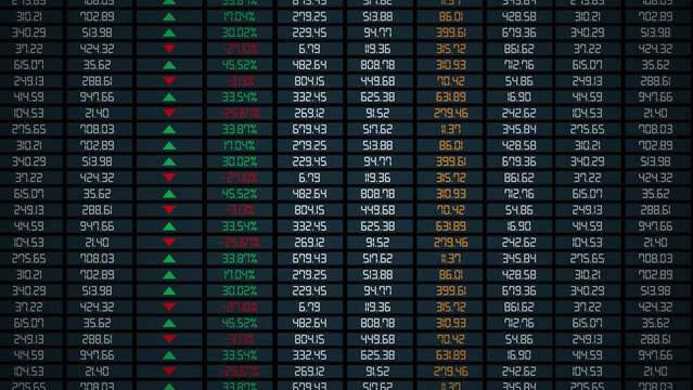 Finance fund stocks price increase and decrease charts arrow up and down, ticker display. table grid Stock exchange screen number with financial trade index rates