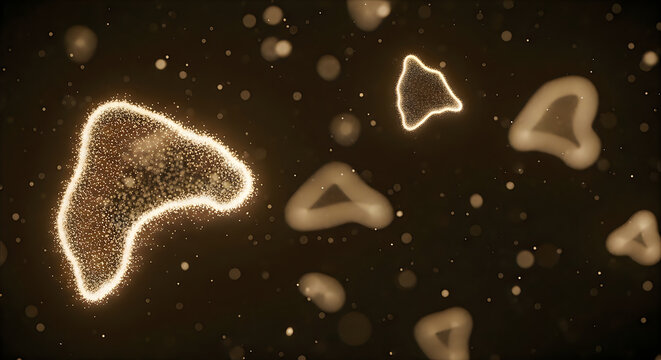 Microscopic view of glowing biological cells or virus particles floating in a dark fluid environment for scientific research