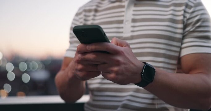 Phone, hands and person in city for online communication, text and update on vacation with bokeh. Mobile, typing and man outdoor for holiday post, notification or social media message with connection