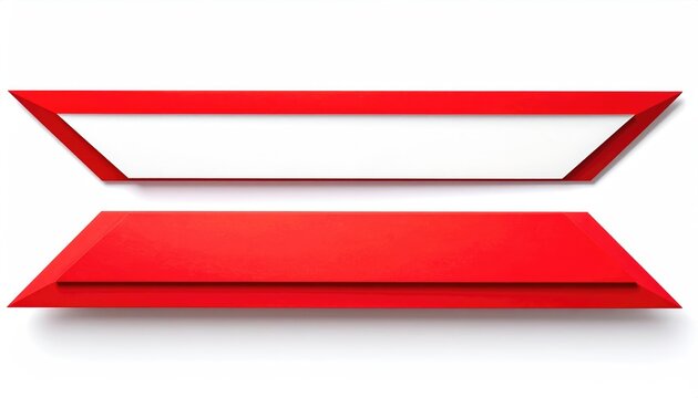 Two red geometric banners, one with white interior, on white