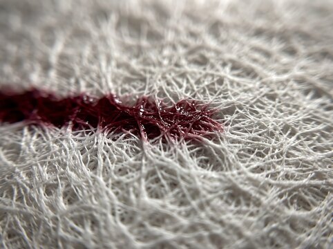 Deep crimson liquid absorbing into white fibrous