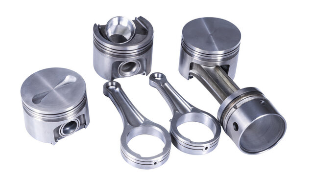 Collection of shiny metallic pistons and connecting rods isolated on white background p n g a i generated