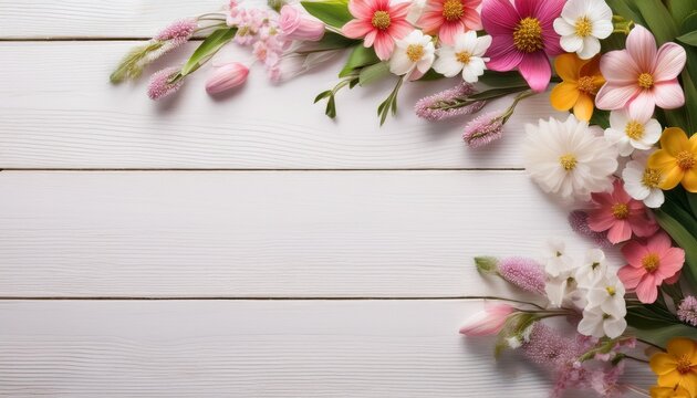 Flores Sueltas Primavera Sobre Madera Blanca Con Espacio Para Texto Celebracion O Promocion