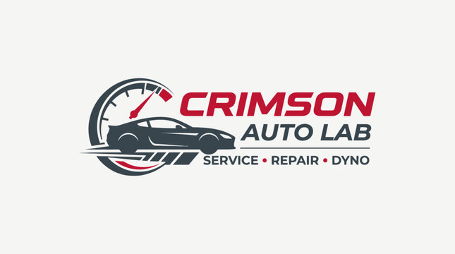 Professional Automotive Repair Logo Featuring a Speedometer and Sports Car Silhouette