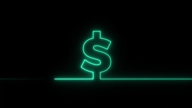 Abstract 3d illustration of glowing neon sign featuring a burning fiery dollar symbol and cyan flame icon animation, Dollar sing with flame line animation on black background.