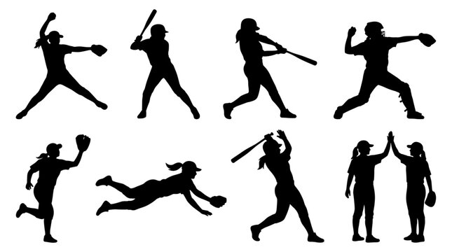 Set of female softball player silhouettes in action, pitching, batting, and fielding, isolated on white, conveying sport and athleticism