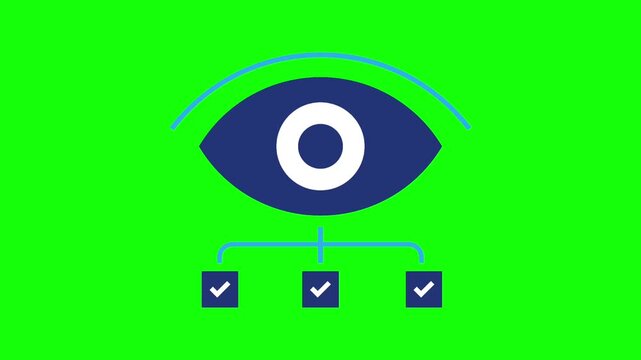 Animated Eye Icon with Checklist, Surveillance and Monitoring Concept, Blue Graphic on Green Screen Background