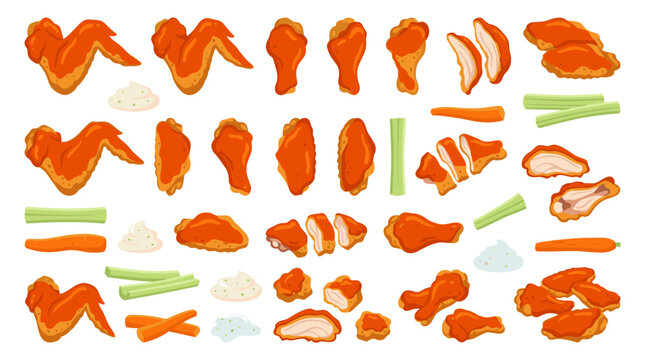 Set of buffalo chicken wings and celery sticks with dipping sauce, fried food menu elements, fast food restaurant snack, meal platter illustration