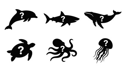 Fototapeta premium Set of six silhouette marine animals with question marks inside, including dolphin, shark, whale, turtle, octopus, and jellyfish on a white
