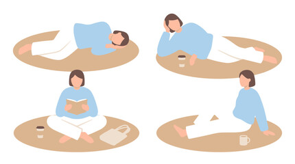 Fototapeta premium Four diverse people relaxing on soft floor cushions, reading, sleeping, and contemplating, conveying comfort and leisure, perfect for wellness and