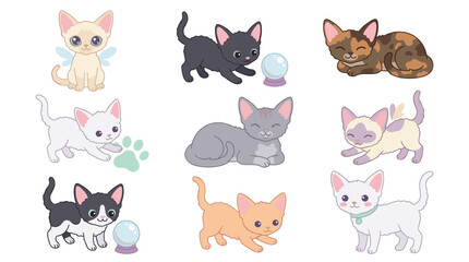Obraz premium Collection of various cat breeds in retro game aesthetic, cute kittens playing with magical crystal balls, flat vector illustration set