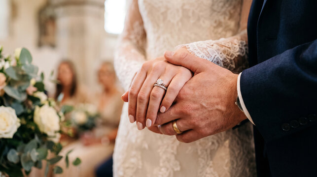 Closeup of Bride and Grooms Hands with Wedding Rings During Ceremony