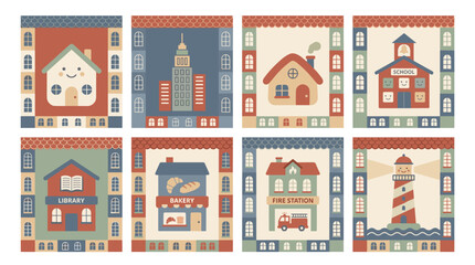 Fototapeta premium Set of eight building posters featuring residential house, skyscraper, school, and lighthouse designs, perfect for children room nursery wall decor