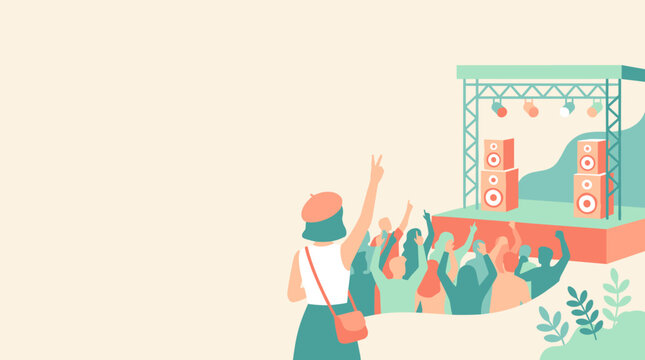 Concert stage with cheering crowd and copy space, festival atmosphere, outdoor music event, vibrant party scene, energetic performance illustration