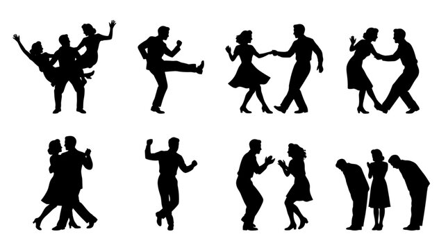 Collection of black silhouettes depicting people dancing retro styles, ballroom performance, swing dance, energetic movement, social celebration