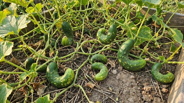 Lush vibrant green foliage of cucurbits growing outdoors in garden beds, healthy plant life representing organic gardening success, perfect for harvest time visuals