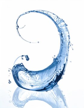 A dynamic splash of blue liquid curves upwards in a graceful arc