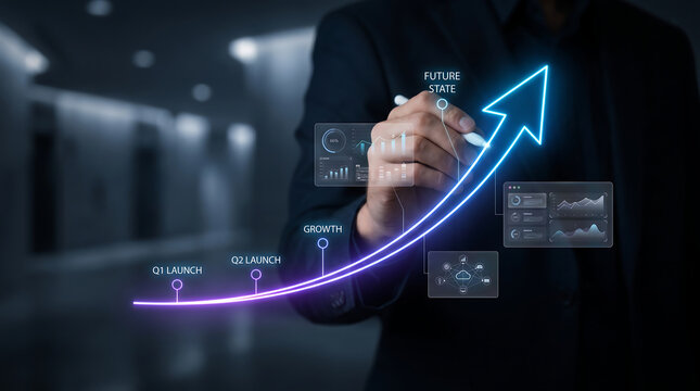 Businessman drawing glowing upward growing business growth chart on virtual