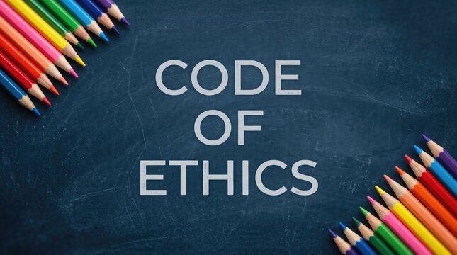 Bright colorful pencils arranged around professional code of ethics text on dark chalkboard background with chalkboard backdrop surrounded modern presentation central