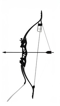 Black archery bow with arrow nocked, white background