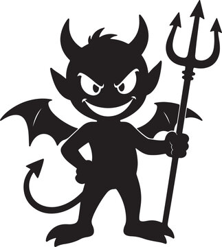 Black silhouette of a cute cartoon devil holding a trident