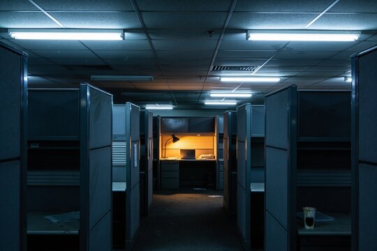 Zombie Companies Workplace Concept - Dimly lit office cubicle workspace