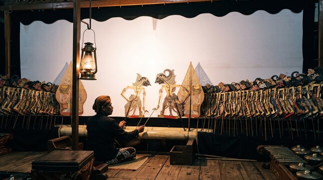 A traditional Indonesian shadow puppet master performing a Wayang Kulit show on a stage.