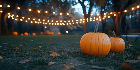 Obraz premium Autumn Evening Background with Large Pumpkins and Golden Bokeh String Lights for Fall Holiday Event