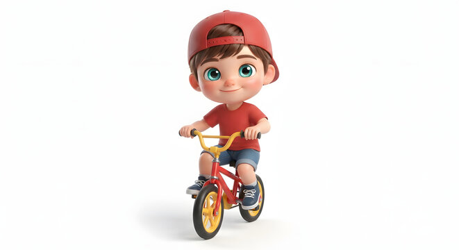 Cute 3D little boy wearing backwards red cap riding small bicycle isolated on white background
