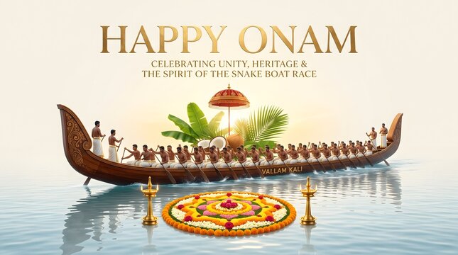 Happy onam festival poster featuring traditional vallam kali snake boat race with pookalam