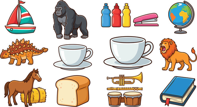 Cartoon animals and random everyday objects collection set with gorilla dinosaur sailboat cup and instruments vector