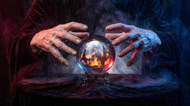 Mysterious fortune teller hands hovering over a glowing crystal ball in a dark and moody setting