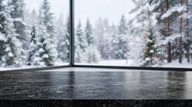 Empty dark stone tabletop product display counter with blurred snowy winter pine forest window background