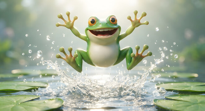 Cute 3D green tree frog jumping happily over pond water with splashing droplets and lily pads