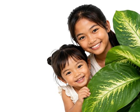 Two Cute Asian Sisters Smiling Behind Green Tropical Leaves Isolated on White