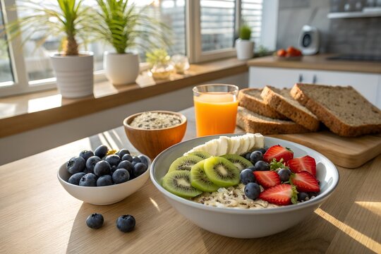 Healthy Breakfast Bowl with Fresh Fruit, Oatmeal and Orange Juice