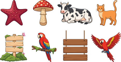 Cute cartoon animals and objects collection with cow cat parrot starfish mushroom and blank wooden sign vector