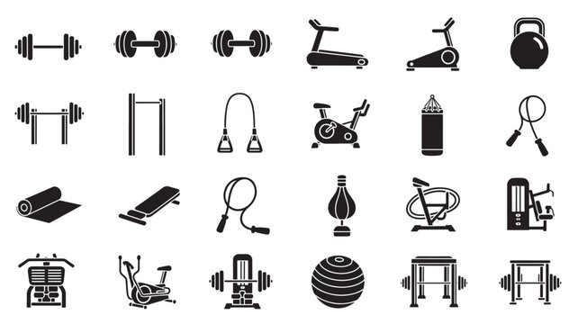 Collection of black and white gym and fitness equipment icons.