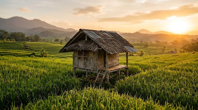 Rustic wooden hut in lush green rice terraces at sunrise