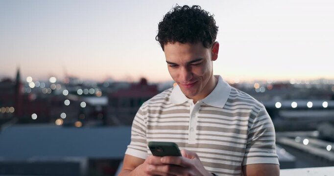 Phone, typing and man in city at night for online communication, text and update with bokeh. Mobile, smile and person outdoor for internet post, notification and social media message with contact