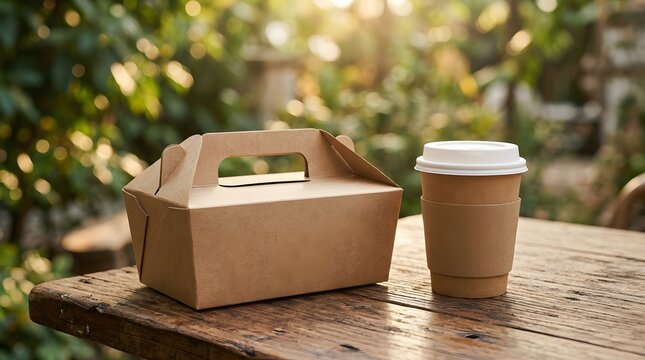 Eco-friendly takeout food container and hot coffee cup on outdoor wooden table with container
