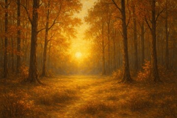 Fototapeta premium Golden autumn forest sunlight