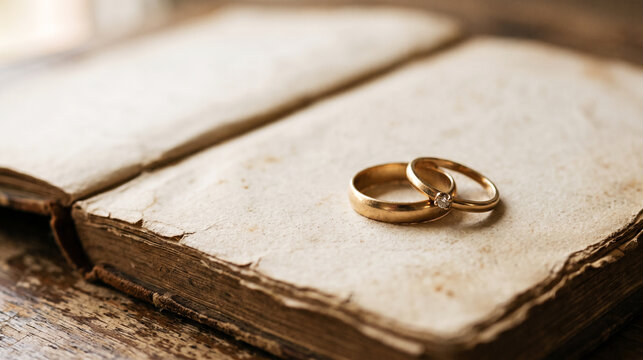Golden Wedding Rings Resting on an Old Open Book