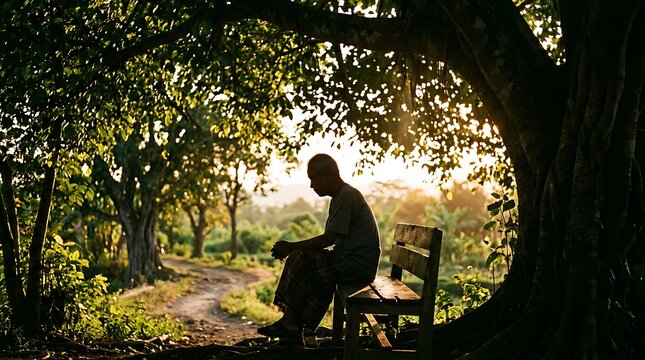 Silhouette of a man sitting on a wooden bench under a large tree